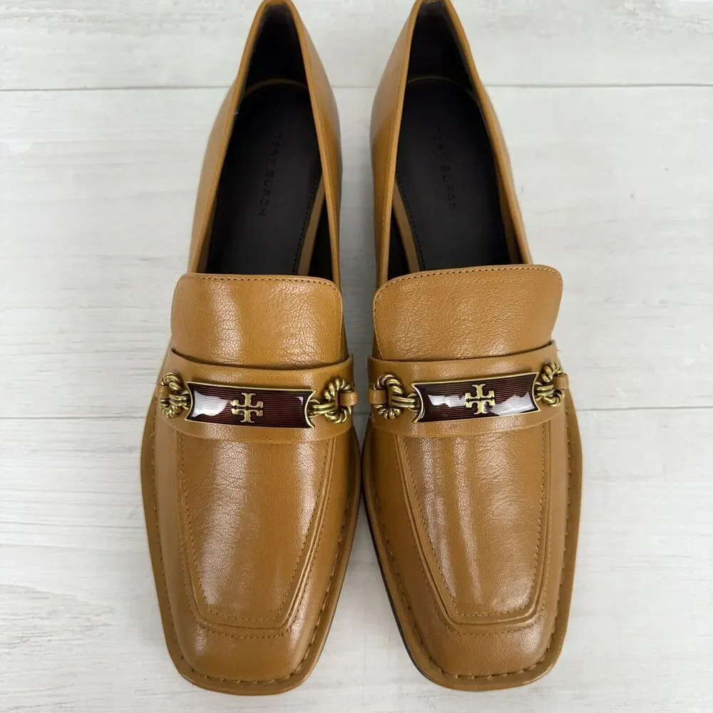 Tory Burch Size‎ 9 Perrine Loafer Shoes Square Toe Block Heel Caramel Corn NEW